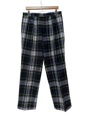 Burberry London Black Green & White Plaid Wool Blend Trousers Sz 34